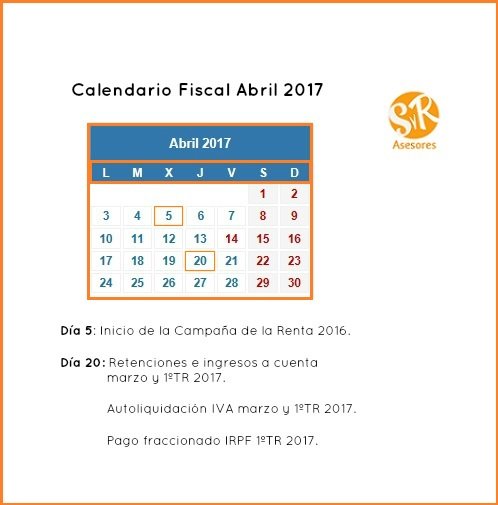 Calendario Fiscal Abril 2017 - Suárez y Rodríguez Asesores