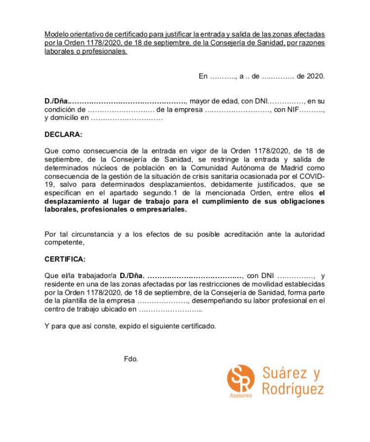 Certificado de desplazamiento laboral Madrid - Suárez y Rodríguez Asesores