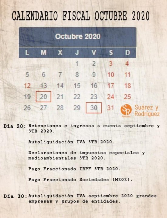 Calendario Fiscal Octubre 2020 - Suárez y Rodríguez Asesores